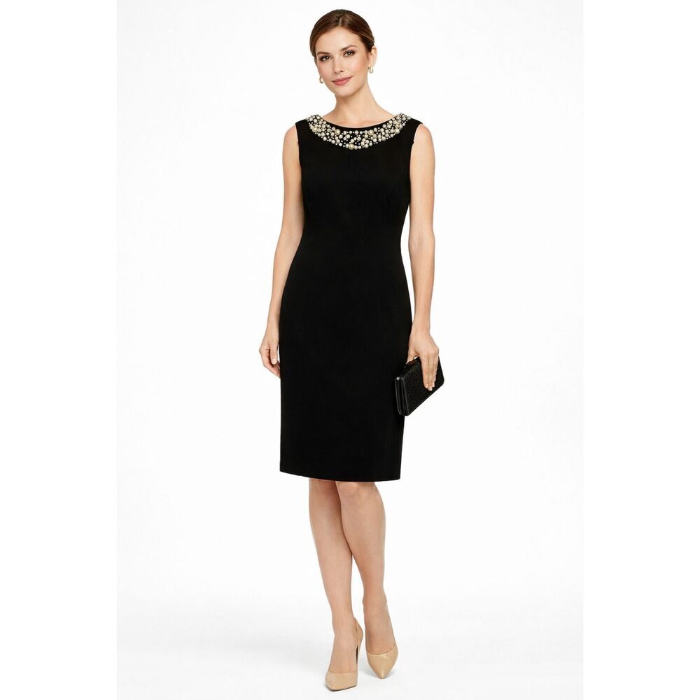 Ellen Tracy Size 4 Womens Slim Fitted Business Pencil Dress Pearls Sleeveless R